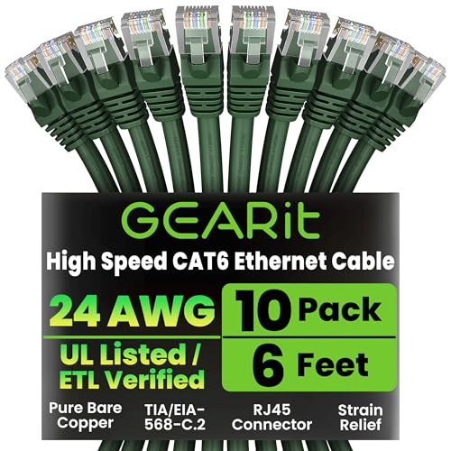 GearIT Cat 6 Ethernet Cable (10-Pack 6 Feet) Cat6 Network Patch, 10Gbps, RJ45, Snagless Cord, Gold-Plated Connectors, Internet for PC, TV, Tablet, Router, Printer, Servers, IT Data Center - Green - Image 1