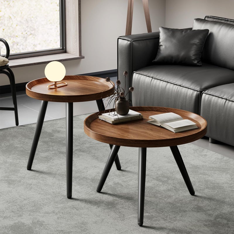 Recximi 2 PCS Small Round Coffee Table Set, Mid Century Modern Coffee Tables for Living Room, Walnut Nesting Tables for Small Spaces, Easy Assembly Circle Wood Center Table,Black Nesting Coffee Table Set of 2 - Image 2