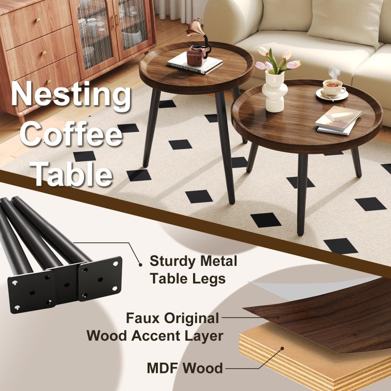 Recximi 2 PCS Small Round Coffee Table Set, Mid Century Modern Coffee Tables for Living Room, Walnut Nesting Tables for Small Spaces, Easy Assembly Circle Wood Center Table,Black Nesting Coffee Table Set of 2 - Image 5