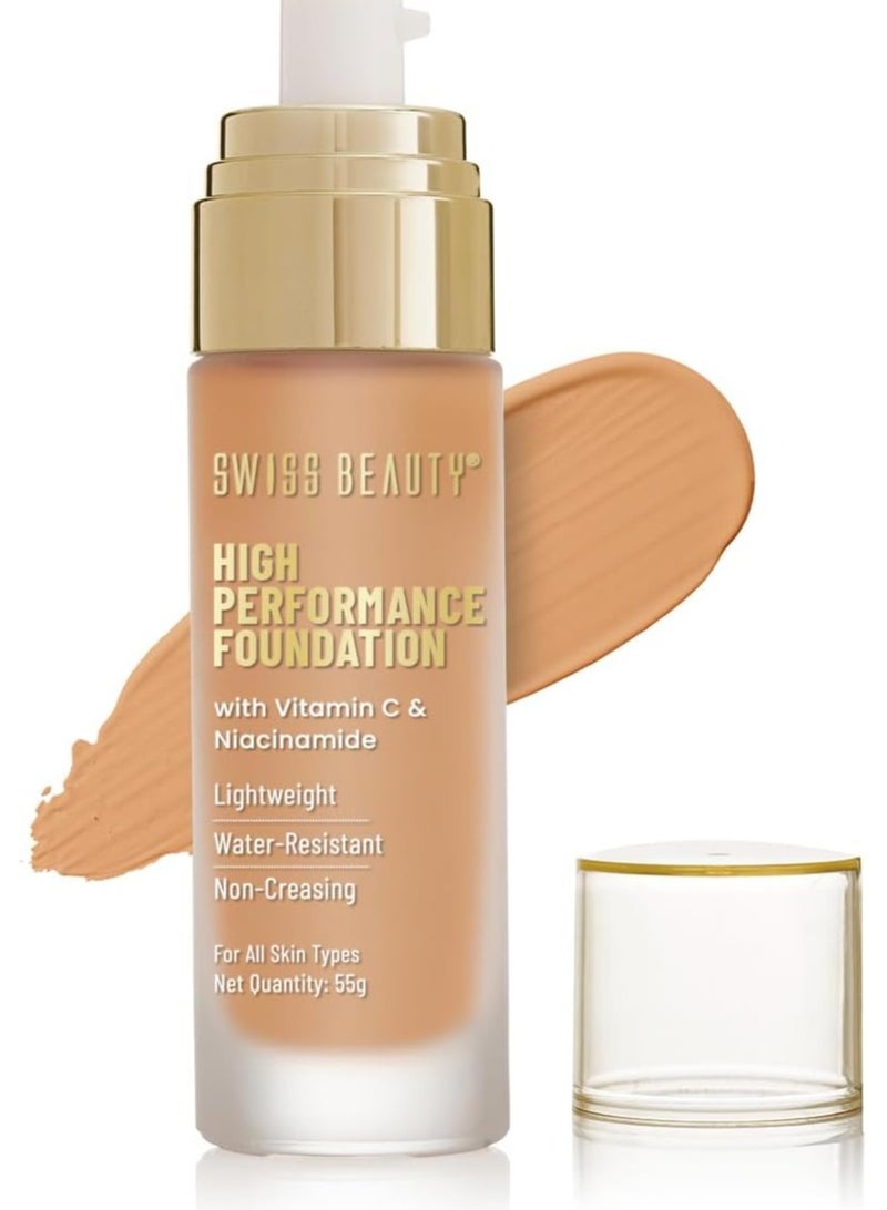 Swiss Beauty High Performance Foundation | Water-Resistant | Medium to Buildable Coverage | Lightweight | Easy to Blend | With Vitamin C & Niacinamide | Sun Beige Shade - 08, 55g - Image 1