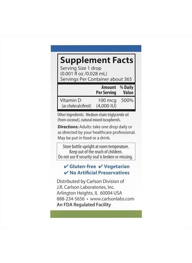 Carlson - Super Daily D3 4,000 IU (100 mcg) per Drop, Vitamin D Drop, Liquid Vitamin D3, 1-Year Supply, Unflavored, 365 Drops (10.3 mL) - Image 1