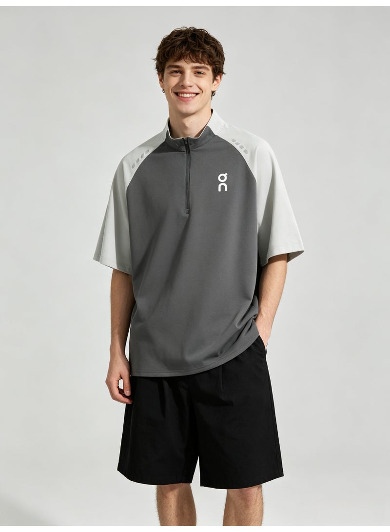 اون راننج On Running Men Half Zip Stand Collar Raglan Short Sleeve T-Shirt, Dark Gray Light Gray Color Block Athletic Sports Top with Logo Print - Image 4