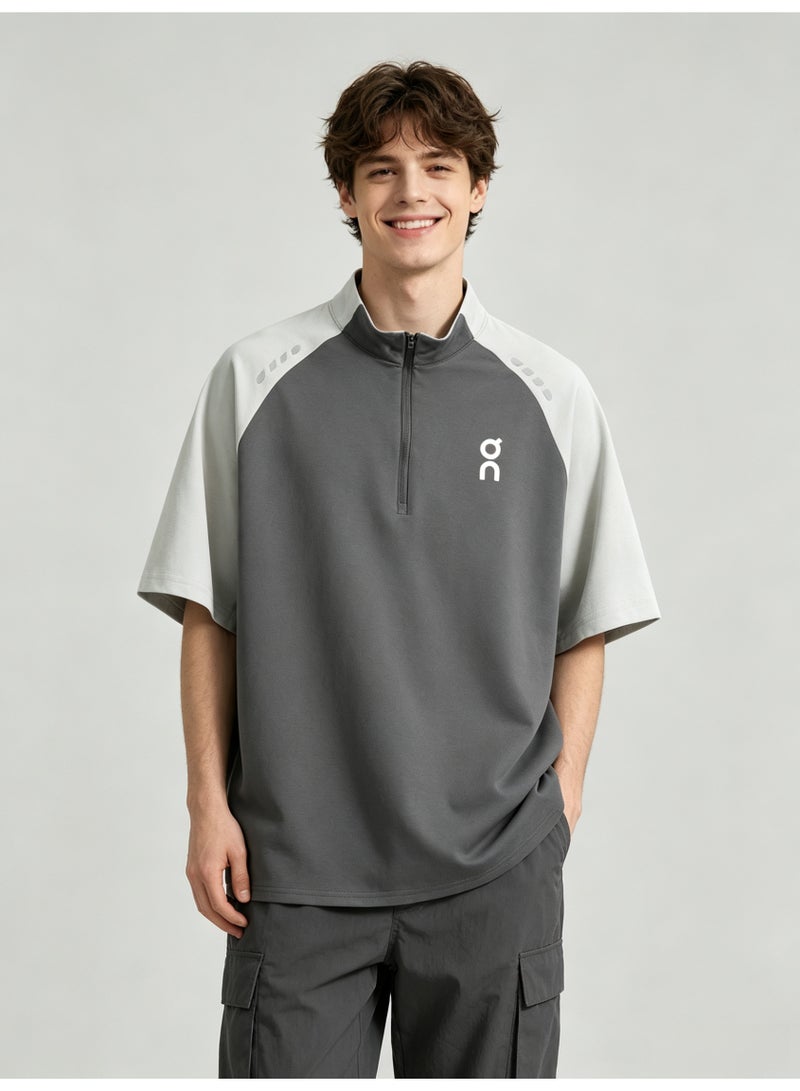 اون راننج On Running Men Half Zip Stand Collar Raglan Short Sleeve T-Shirt, Dark Gray Light Gray Color Block Athletic Sports Top with Logo Print - Image 2