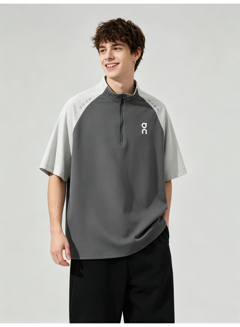 اون راننج On Running Men Half Zip Stand Collar Raglan Short Sleeve T-Shirt, Dark Gray Light Gray Color Block Athletic Sports Top with Logo Print - Image 1