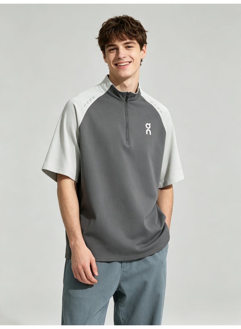 اون راننج On Running Men Half Zip Stand Collar Raglan Short Sleeve T-Shirt, Dark Gray Light Gray Color Block Athletic Sports Top with Logo Print - Image 3