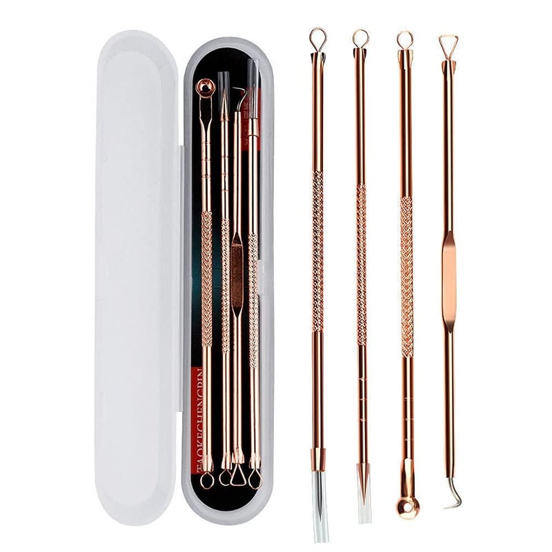 MACPLUS 4Pcs Blackhead Pimple Golden Remover Tools for Professional Tweezers Kit for Remove Acne Comedone Extractor, Black Heads Removing on Face Removal - Image 1