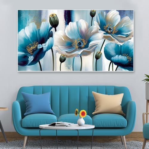 DEKORSTATION Canvas Floral Painting for Living Room Wall Decoration Beautiful Blue and White Flowers Art Print for Home and Office Wall Décor Size : 12x24 Inches - Image 1