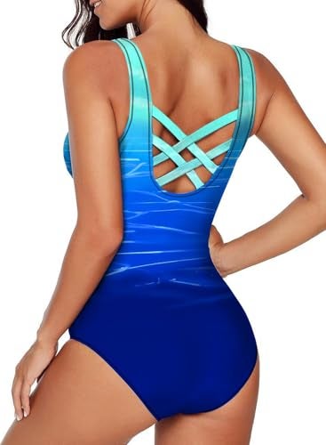 Aleumdr Women's High Cut One Piece Swimsuits Women Criss Cross Back Tummy Control Bathing Suits Sports Monokini Swimwear Blue Small - Image 2
