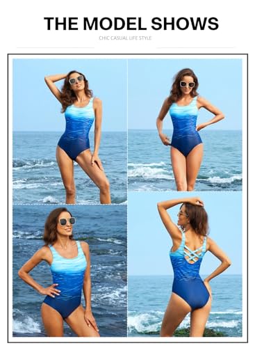 Aleumdr Women's High Cut One Piece Swimsuits Women Criss Cross Back Tummy Control Bathing Suits Sports Monokini Swimwear Blue Small - Image 4