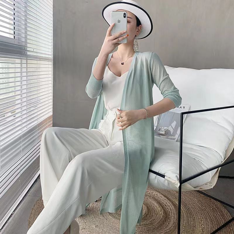 Ice Silk Knitted Cardigan Womens Sun Protection Clothing Mid-length Sleeve Summer Thin Shawl Outer Wear Loose Air-conditioning Shirt Jacket Bean Green
