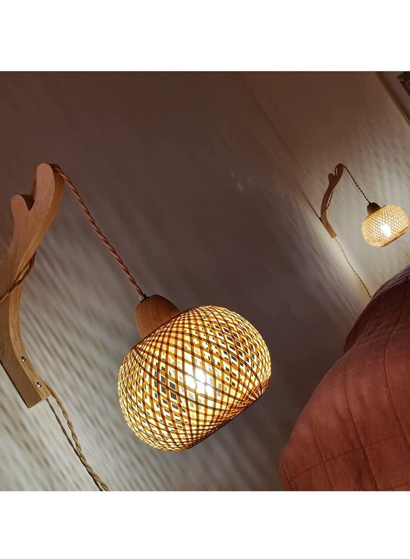 KASTWAVE Bamboo Lantern Plug in Wall Sconces Wicker Wall Lamp, Vintage Wall Sconces, Hand Woven Rattan Wall Light, Farmhouse Rustic Wall Sconces, Boho Sconces Wall Lighting for Living Room Bedroom - Image 3