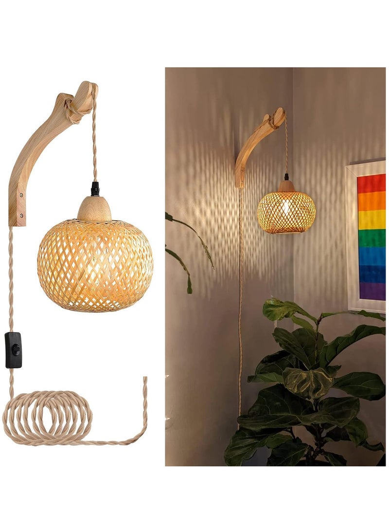 KASTWAVE Bamboo Lantern Plug in Wall Sconces Wicker Wall Lamp, Vintage Wall Sconces, Hand Woven Rattan Wall Light, Farmhouse Rustic Wall Sconces, Boho Sconces Wall Lighting for Living Room Bedroom - Image 1