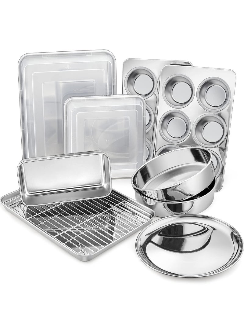 P&P CHEF PP CHEF Stainless Steel Bakeware Set 12Piece Kitchen Baking Pans Set Baking Sheet with Rack Square Cake Pan with Lid Lasagna Pan Loaf Pan Muffin Pan Pizza Tray  2 Covers Easily Clean 