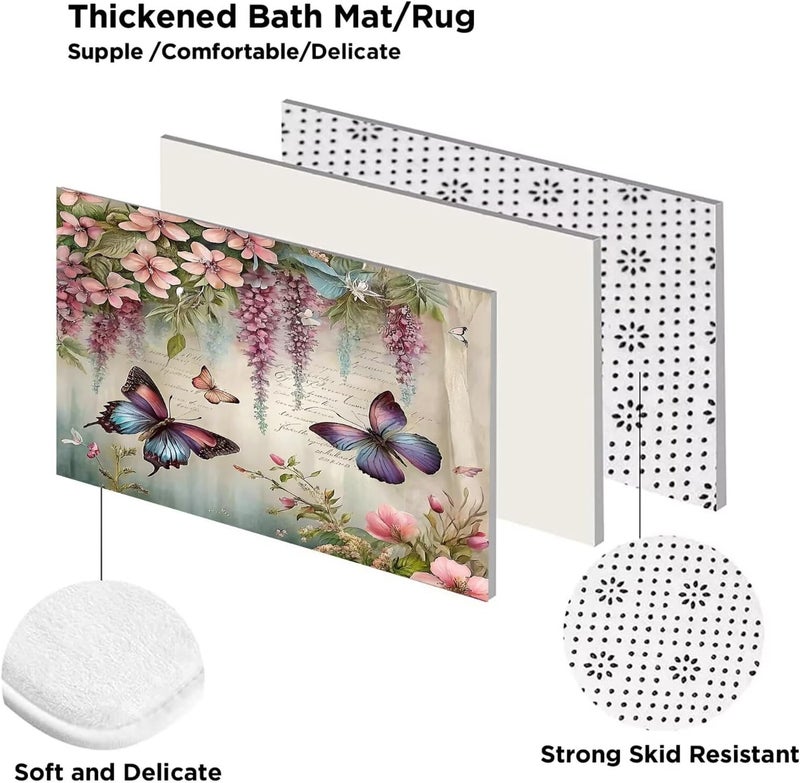 Chrainy ZLQQ 4Pcs Spring Themed Shower Curtain Set with Rugs Vintage Butterflies Bathroom Sets Floral Shower Curtain with 12 Hooks Bathroom Decor with Rugs Bath Accessories with Mats Toilet Lid Cover - Image 2