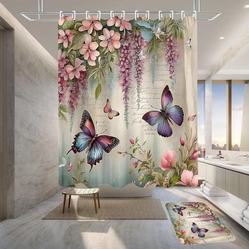 Chrainy ZLQQ 4Pcs Spring Themed Shower Curtain Set with Rugs Vintage Butterflies Bathroom Sets Floral Shower Curtain with 12 Hooks Bathroom Decor with Rugs Bath Accessories with Mats Toilet Lid Cover - Image 4
