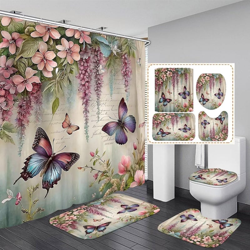 Chrainy ZLQQ 4Pcs Spring Themed Shower Curtain Set with Rugs Vintage Butterflies Bathroom Sets Floral Shower Curtain with 12 Hooks Bathroom Decor with Rugs Bath Accessories with Mats Toilet Lid Cover - Image 1