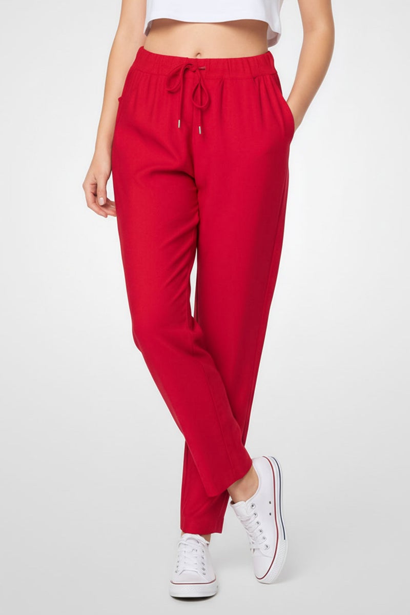 LACOSTE Women Regular Fit Embroidered Logo Straight Pants, Red - Image 1