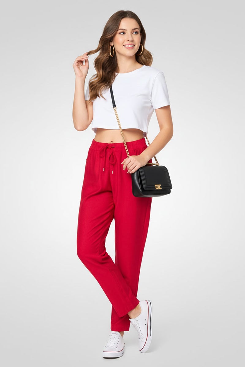 LACOSTE Women Regular Fit Embroidered Logo Straight Pants, Red - Image 2