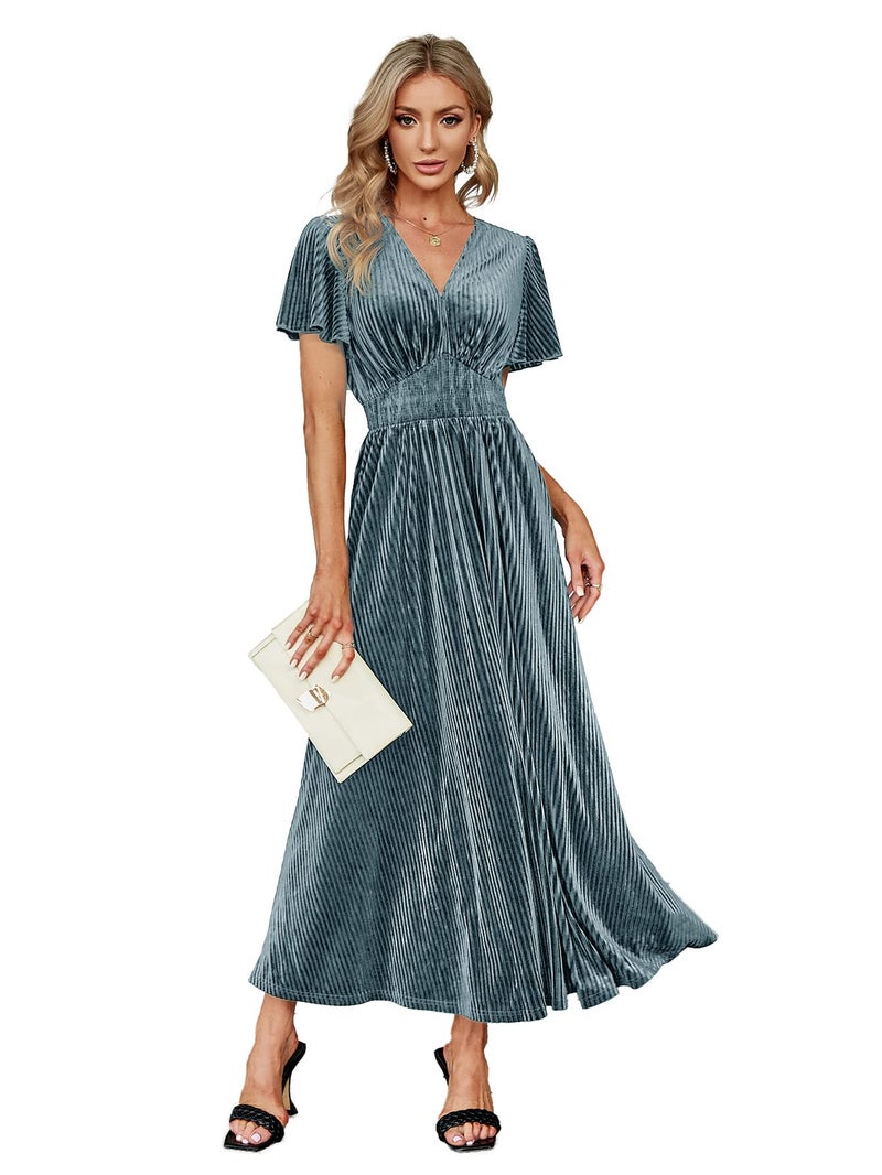 Simplee Apparel Simplee Womenâ€™s Short Sleeve Velvet Maxi Dress V Neck Formal Dress(XL Grey Blue) - Image 1