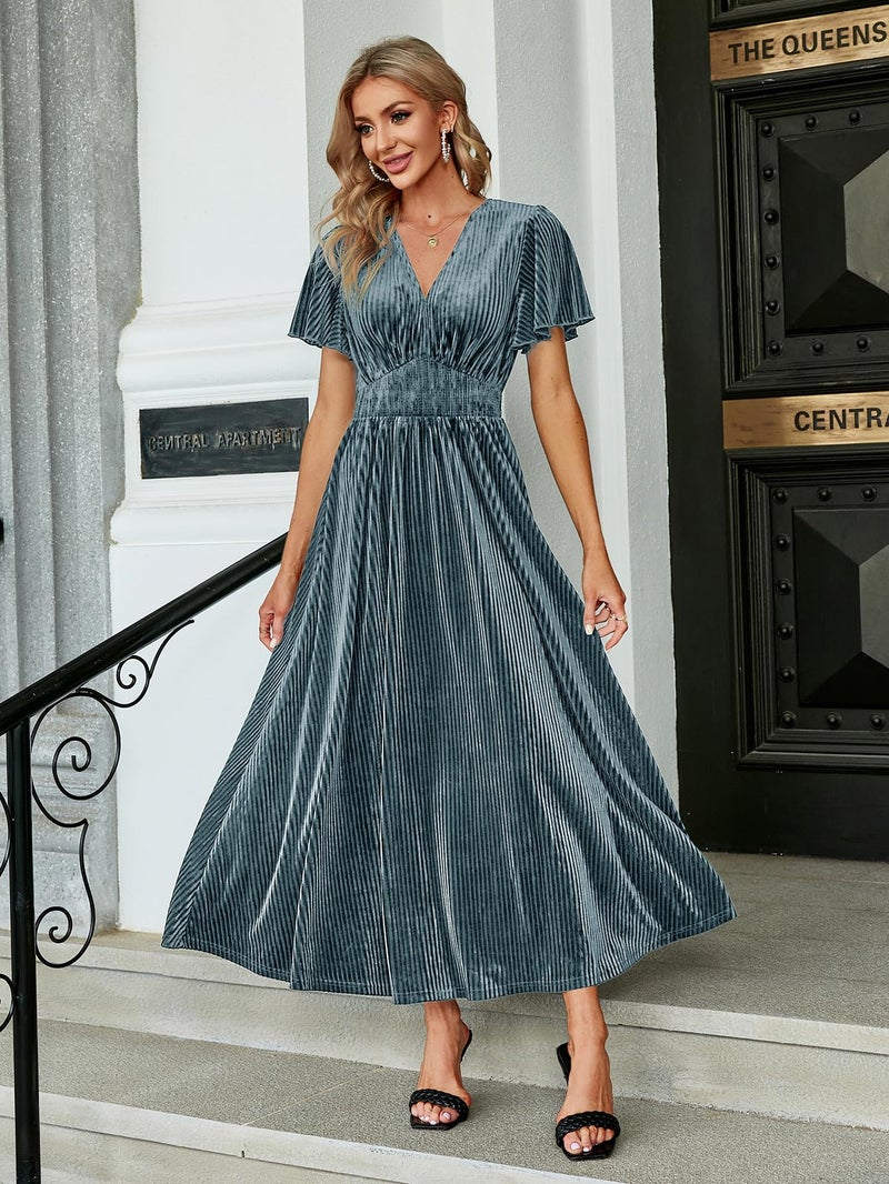 Simplee Apparel Simplee Womenâ€™s Short Sleeve Velvet Maxi Dress V Neck Formal Dress(XL Grey Blue) - Image 4
