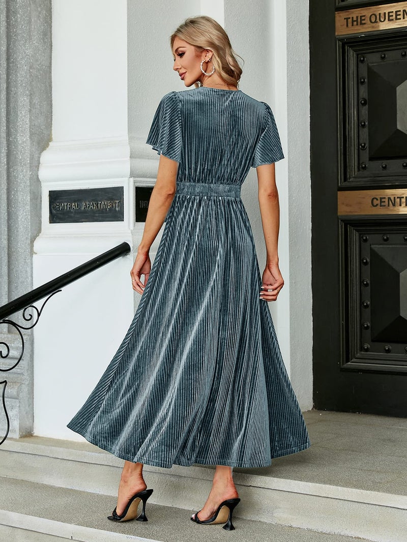 Simplee Apparel Simplee Womenâ€™s Short Sleeve Velvet Maxi Dress V Neck Formal Dress(XL Grey Blue) - Image 5