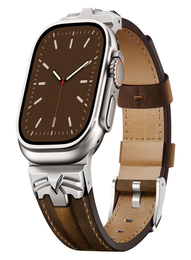 DABAOZA Compatible for Apple Watch Ultra 3 Band 49mm 46mm 45mm 44mm for Men Women, Genuine Leather Rugged Matel Connector Strap for iWatch Ultra 2 1 SE Series 11 10 9 8 7 6 5 4（Titanium/Walnut） - Image 1