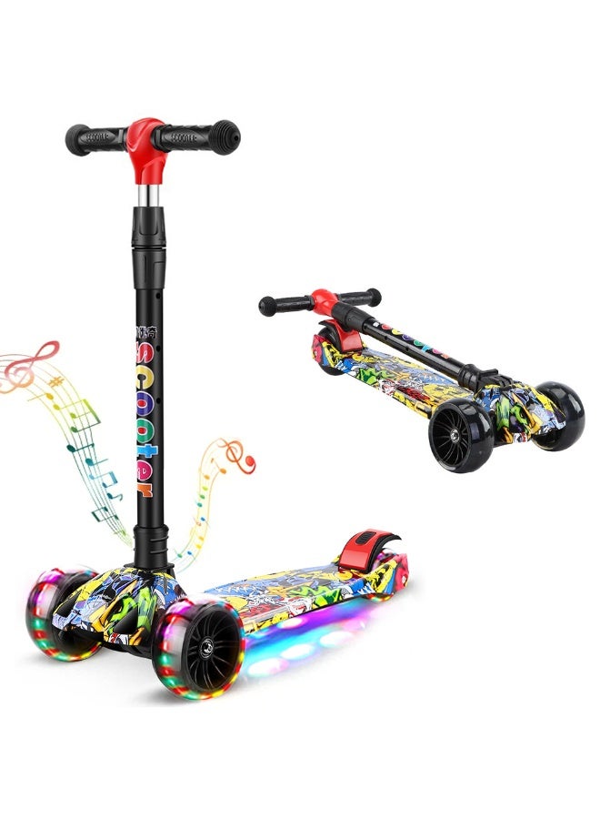 Kids Scooter, 3 Wheel Kick Scooter with Foldable & Height Adjustable Handle, Flashing Wheels & Music Pedal Light for Boys and Girls, Flash Skate Scooter for Kids Age 2-14 Years, K03 (Graffiti Yellow)  - Image 1