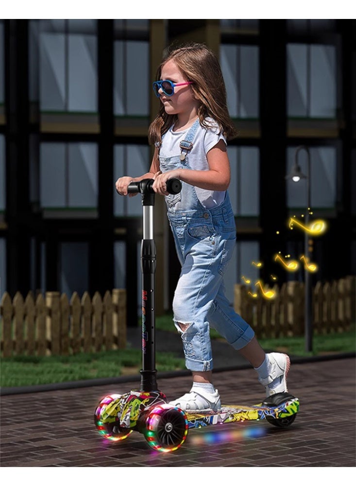 Kids Scooter, 3 Wheel Kick Scooter with Foldable & Height Adjustable Handle, Flashing Wheels & Music Pedal Light for Boys and Girls, Flash Skate Scooter for Kids Age 2-14 Years, K03 (Graffiti Yellow)  - Image 4
