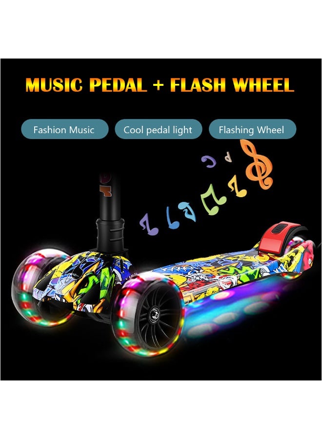 Kids Scooter, 3 Wheel Kick Scooter with Foldable & Height Adjustable Handle, Flashing Wheels & Music Pedal Light for Boys and Girls, Flash Skate Scooter for Kids Age 2-14 Years, K03 (Graffiti Yellow)  - Image 5