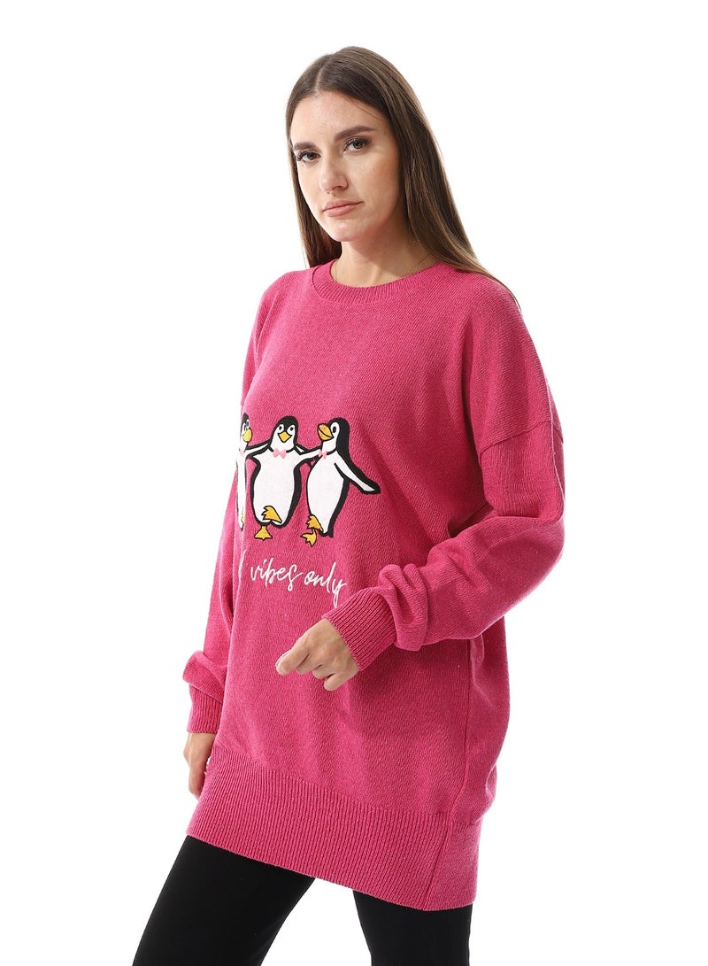 Andora Good Vibes Only Pattern Crew Neck Hot Pink Sweater - Image 2