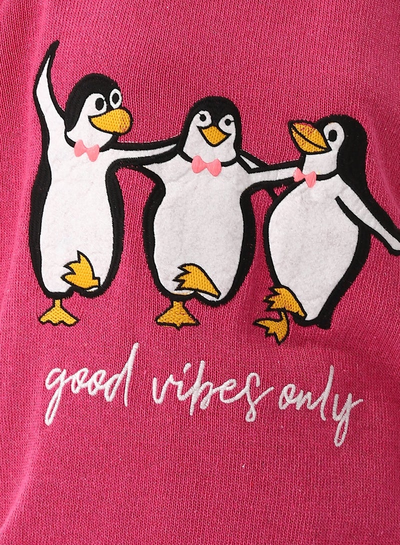 Andora Good Vibes Only Pattern Crew Neck Hot Pink Sweater - Image 4