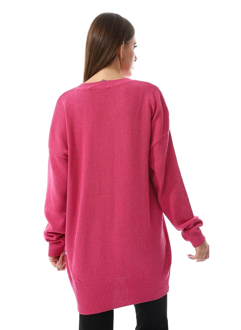 Andora Good Vibes Only Pattern Crew Neck Hot Pink Sweater - Image 3