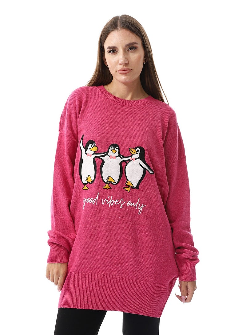 Andora Good Vibes Only Pattern Crew Neck Hot Pink Sweater - Image 1