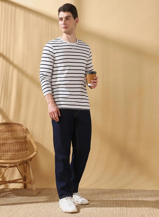 Dennis Lingo Men's Off White Cotton Blend Striped Regular Fit T-Shirt