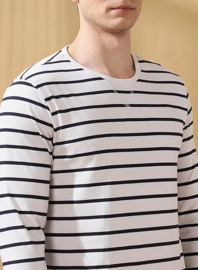 Dennis Lingo Men's Off White Cotton Blend Striped Regular Fit T-Shirt