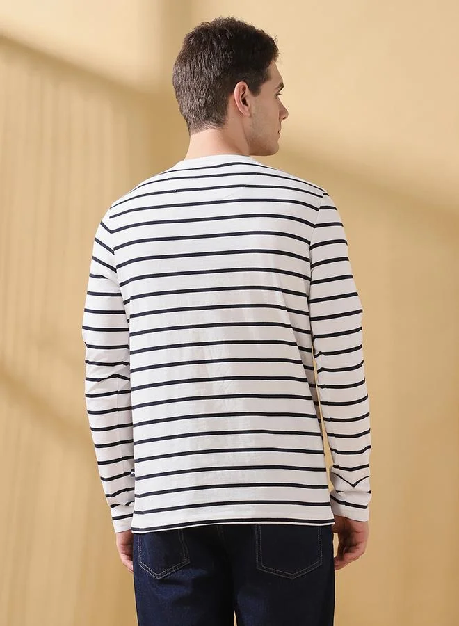 Dennis Lingo Men's Off White Cotton Blend Striped Regular Fit T-Shirt