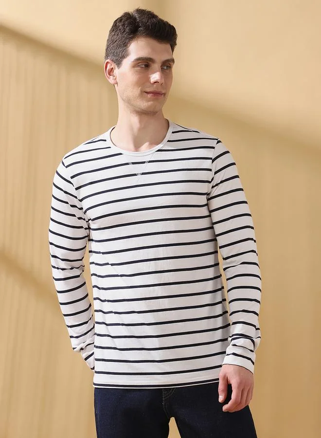 Dennis Lingo Men's Off White Cotton Blend Striped Regular Fit T-Shirt