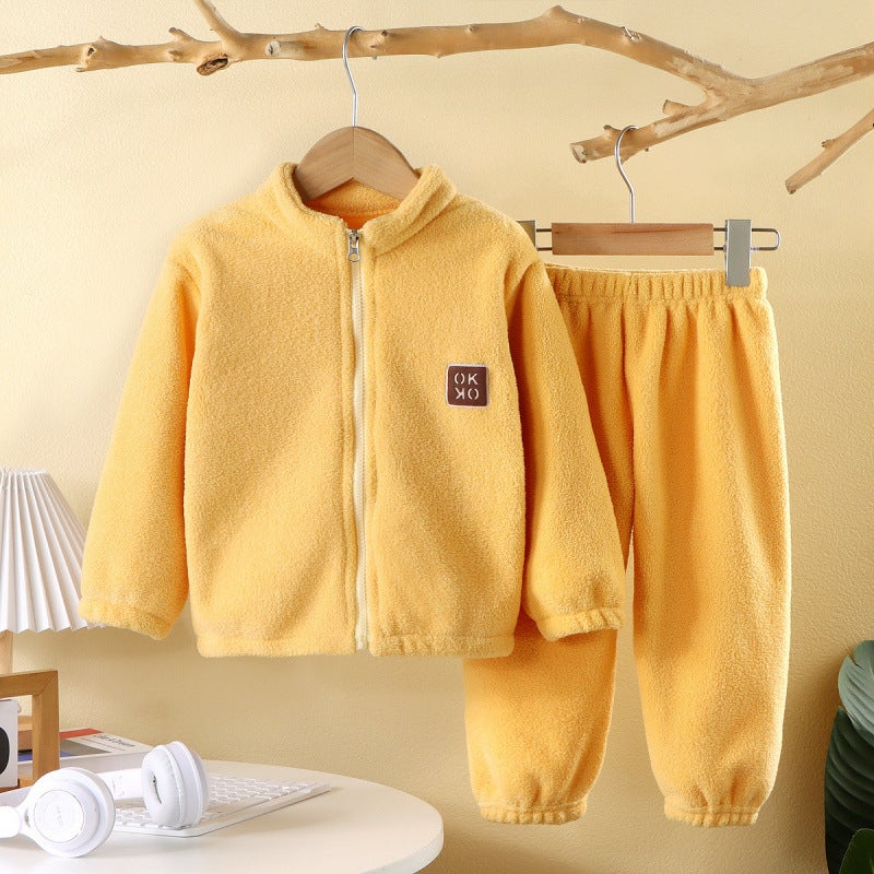Boys And Girls Outgoing Clothes And Winter New Thickened Warm Home Clothes Puff Velvet Outgoing Suit Baby Pajamas - Image 1