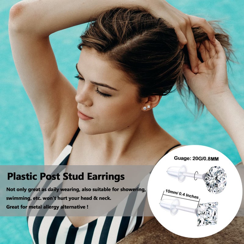 EIELO 12Pairs Clear Plastic CZ Studs Earrings for Women Men Acrylic Post Hypoallergenic Stud Earring Round Square CZ Rhinestone Ear Studs Piercing Retainers - Image 4