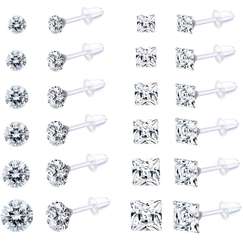 EIELO 12Pairs Clear Plastic CZ Studs Earrings for Women Men Acrylic Post Hypoallergenic Stud Earring Round Square CZ Rhinestone Ear Studs Piercing Retainers - Image 1