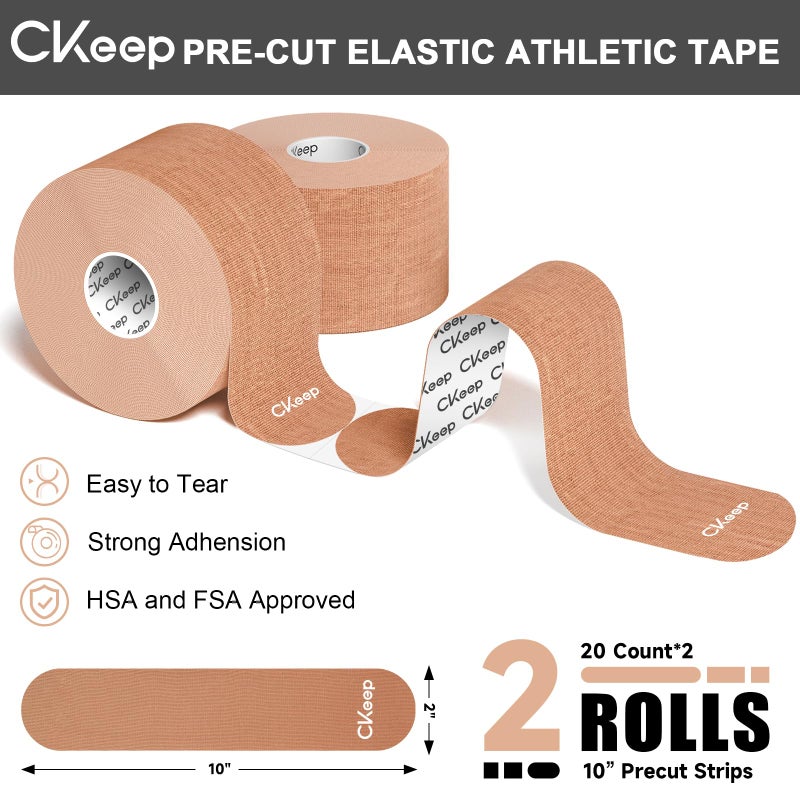 CKeep Kinesiology Tape, 2 Rolls Cotton Latex Free Hypoallergenic Elastic Precut Strips, 2 Inch Wide Waterproof Athletic Tape for Knees Pain Injuries Sprains, Beige - Image 5