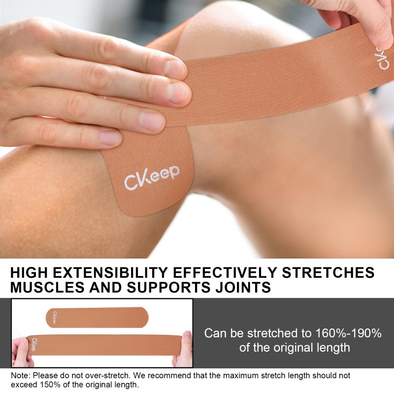 CKeep Kinesiology Tape, 2 Rolls Cotton Latex Free Hypoallergenic Elastic Precut Strips, 2 Inch Wide Waterproof Athletic Tape for Knees Pain Injuries Sprains, Beige - Image 4