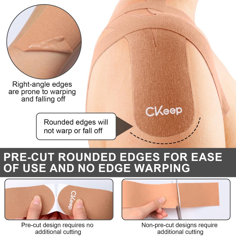 CKeep Kinesiology Tape, 2 Rolls Cotton Latex Free Hypoallergenic Elastic Precut Strips, 2 Inch Wide Waterproof Athletic Tape for Knees Pain Injuries Sprains, Beige - Image 2