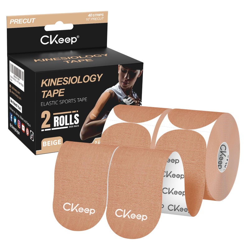 CKeep Kinesiology Tape, 2 Rolls Cotton Latex Free Hypoallergenic Elastic Precut Strips, 2 Inch Wide Waterproof Athletic Tape for Knees Pain Injuries Sprains, Beige - Image 1