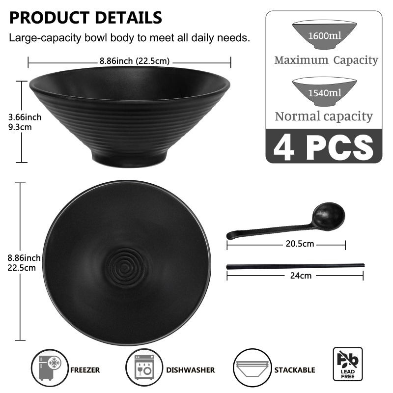 Greentainer Set of 4 Ramen Bowl Set, Melamine Large Japanese Style Noodle Soup Bowls Set with Spoons and Chopsticks for Ramen, Pho, Noodles, Asian Dishes Black,Large Bowl for Adults| Dishwasher Safe - Image 2