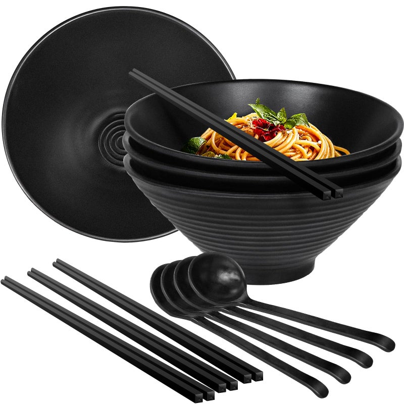 Greentainer Set of 4 Ramen Bowl Set, Melamine Large Japanese Style Noodle Soup Bowls Set with Spoons and Chopsticks for Ramen, Pho, Noodles, Asian Dishes Black,Large Bowl for Adults| Dishwasher Safe - Image 1