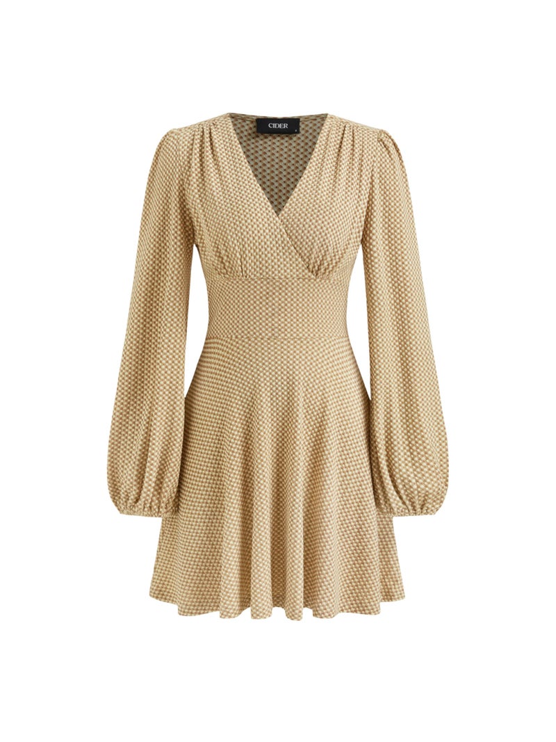 CIDER Long Sleeve Dress for Women V Neck A Line Plaid Mini Gingham Vintage Wedding Guest Dresses Beige - Image 1