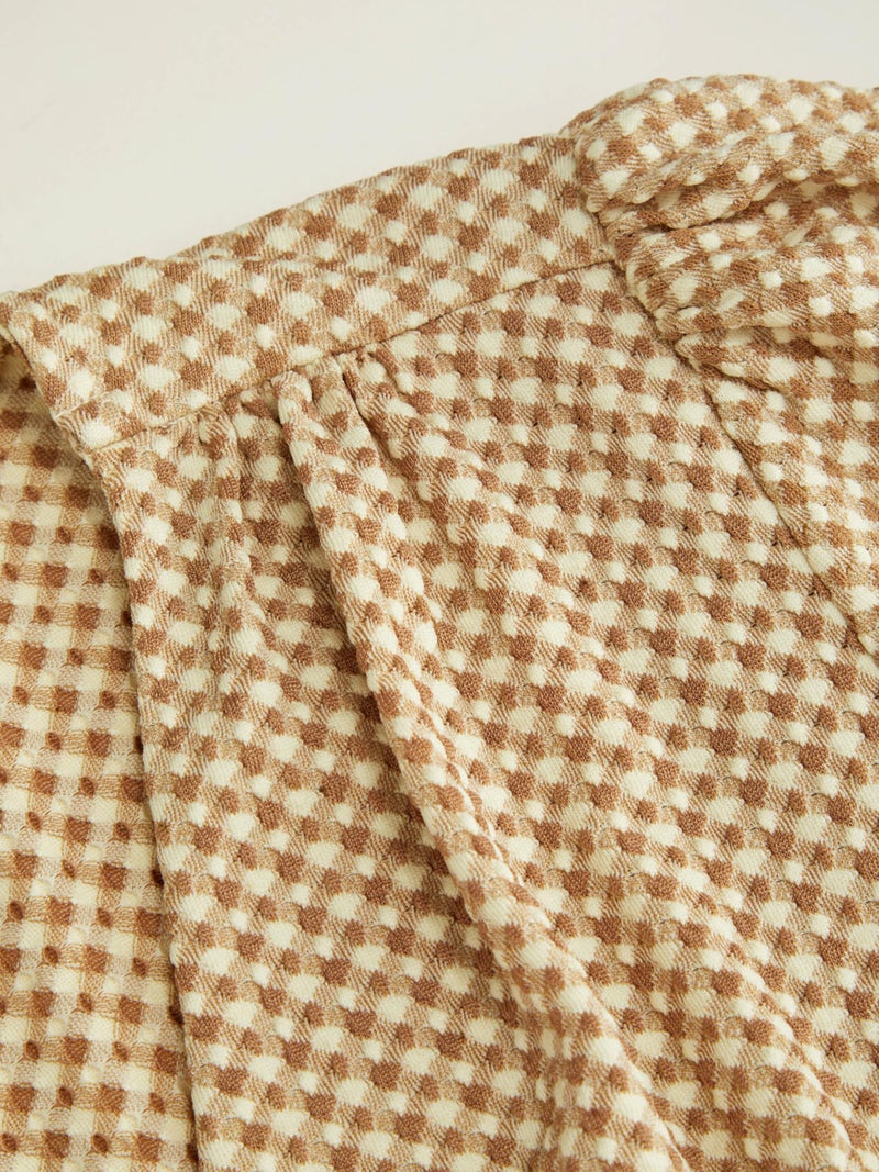 CIDER Long Sleeve Dress for Women V Neck A Line Plaid Mini Gingham Vintage Wedding Guest Dresses Beige - Image 3