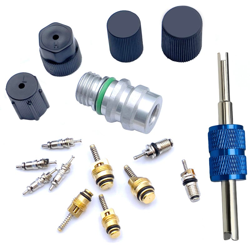Air Conditioning Valve Core Kit Cap Valve AC R12 R134a Teflon Seal Refrigeration AC Air Conditioning Service Valves Car HVAC AC System Charging Port Seal Caps Kit