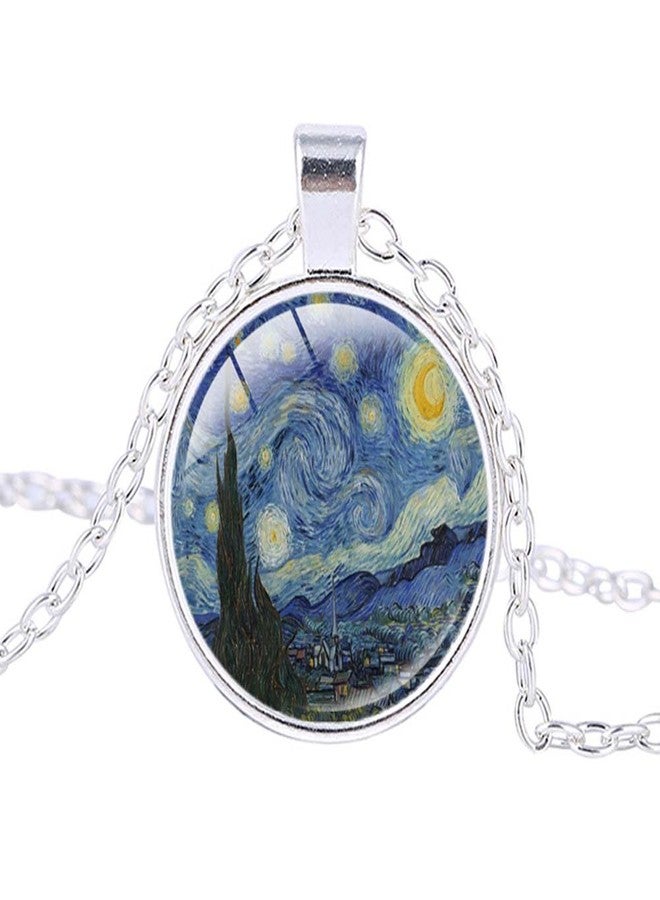 FM FM42 Silver-tone Starry Night Vincent Van Gogh Round Pendant Necklace with 26" Rolo Chain TN1144 - Image 1